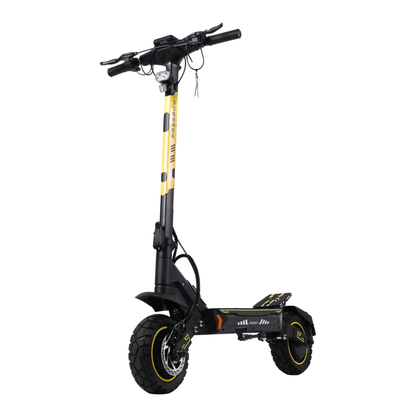 Wheely - H7 elsparkcykel sedd snett framifrån med gul och svart styrstolpe