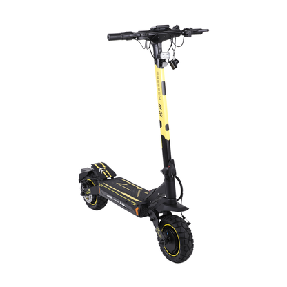 Wheely - H7 elsparkcykel i svart och gult med upprätt styrstolpe, sedd snett framifrån