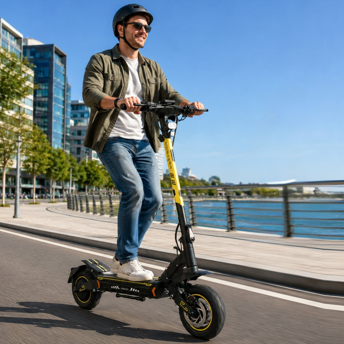 Man med hjälm åker Wheely - H7 elscooter längs en kaj vid vattnet