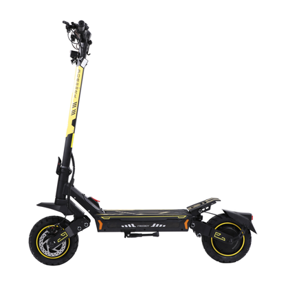 Wheely - H7 elsparkcykel sedd från sidan med fotplatta, stödben och två hjul