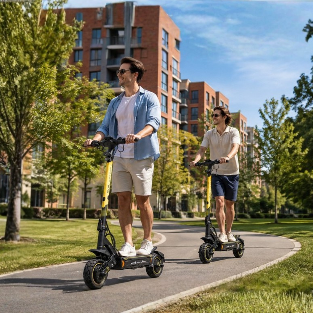 Två män åker varsin Wheely - H7 på en gångväg i en park
