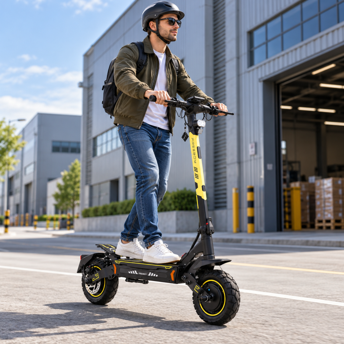 Man med hjälm och solglasögon åker Wheely - H7 på en väg framför en industribyggnad