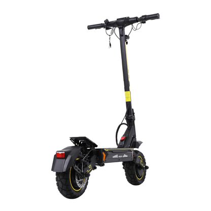 Wheely - H7 elsparkcykel sedd snett bakifrån med bakhjul, skivbroms, stänkskärm och gula detaljer
