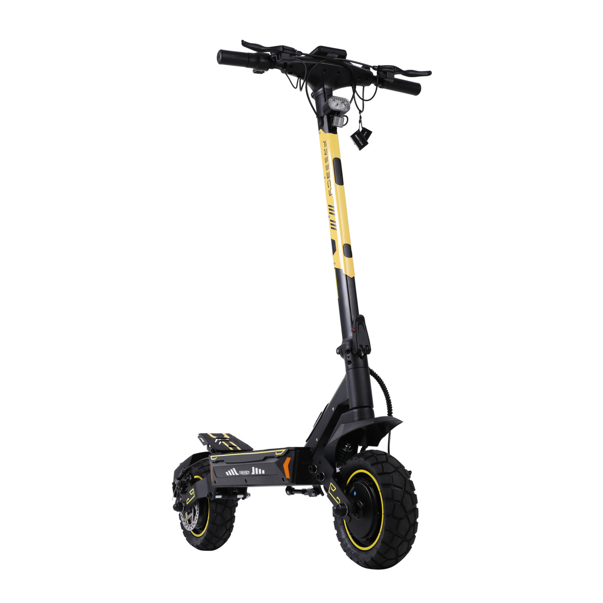 Wheely - H7 elsparkcykel sedd framifrån med styre, framlykta och grova däck