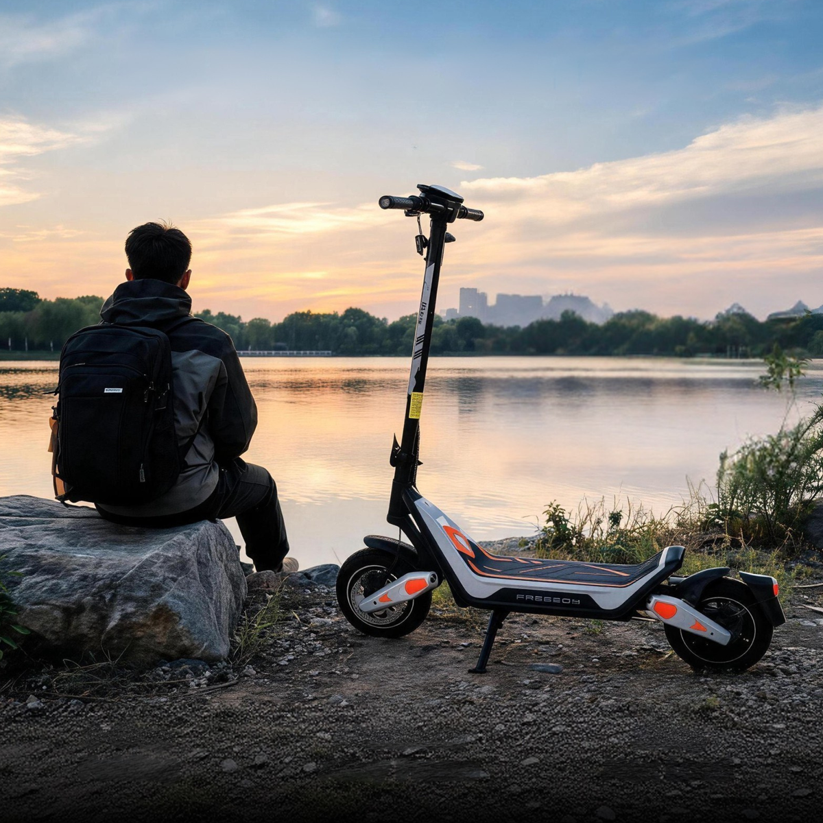 Wheely - J18 på sidostödet vid en sjö i solnedgång, en person med ryggsäck sitter på en sten bredvid