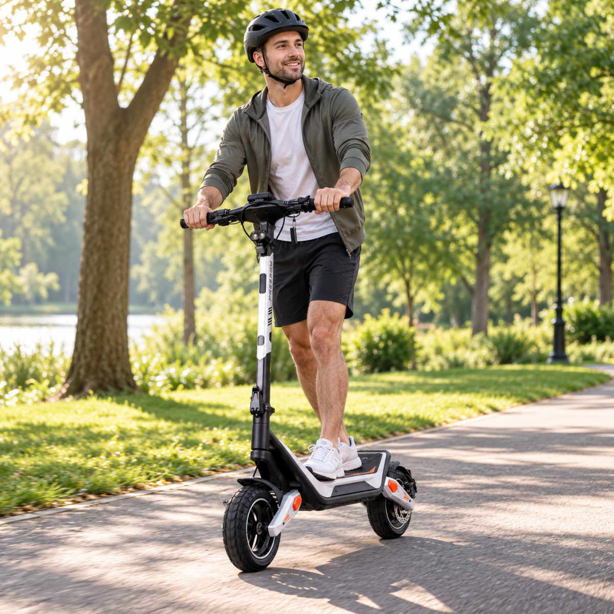 Man med hjälm åker Wheely - J18 på en parkväg bland träd och gräs