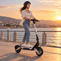 Wheely - J18 elsparkcykel med förare i hjälm på en kajpromenad vid vattnet i solnedgång
