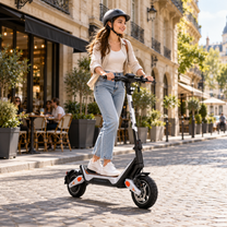 Wheely - J18 elsparkcykel med leende förare i hjälm på en kullerstensgata vid ett café