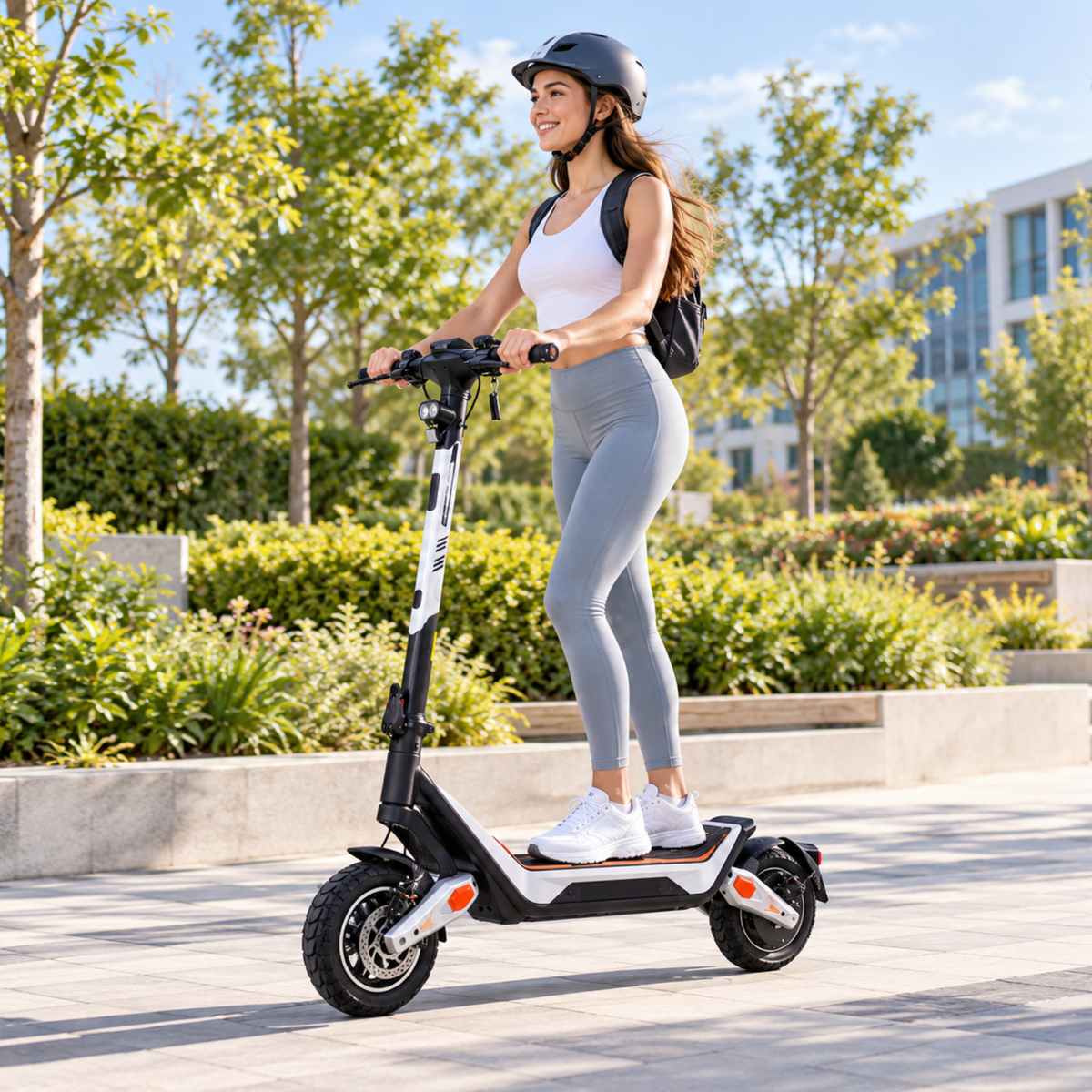 Wheely - J18 elsparkcykel med förare i hjälm och ryggsäck i en grönskande stadspark