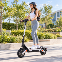 Wheely - J18 elsparkcykel med förare i hjälm och ryggsäck i en grönskande stadspark