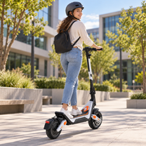 Wheely - J18 elsparkcykel sedd bakifrån med förare i hjälm och ryggsäck bland träd och byggnader