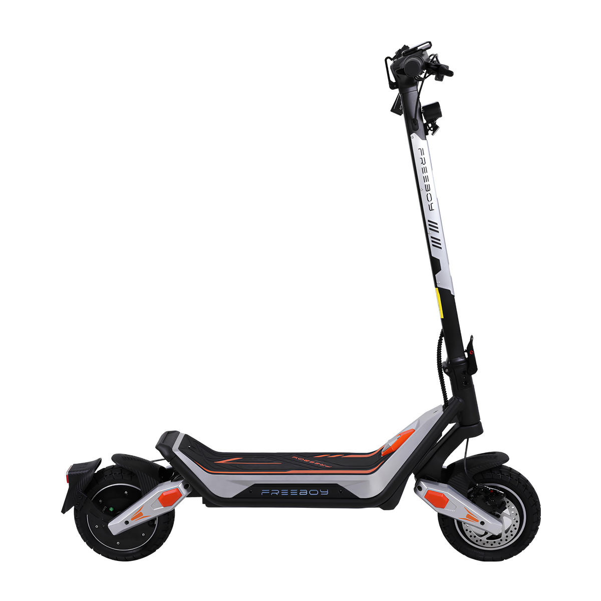 Wheely - J18 elsparkcykel sedd från sidan med fotplatta, styrstam och två hjul