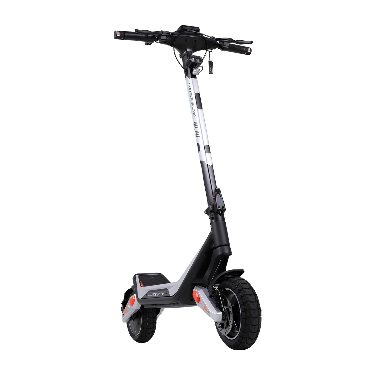 Wheely - J18 elsparkcykel sedd snett framifrån med styre, strålkastare och framhjul