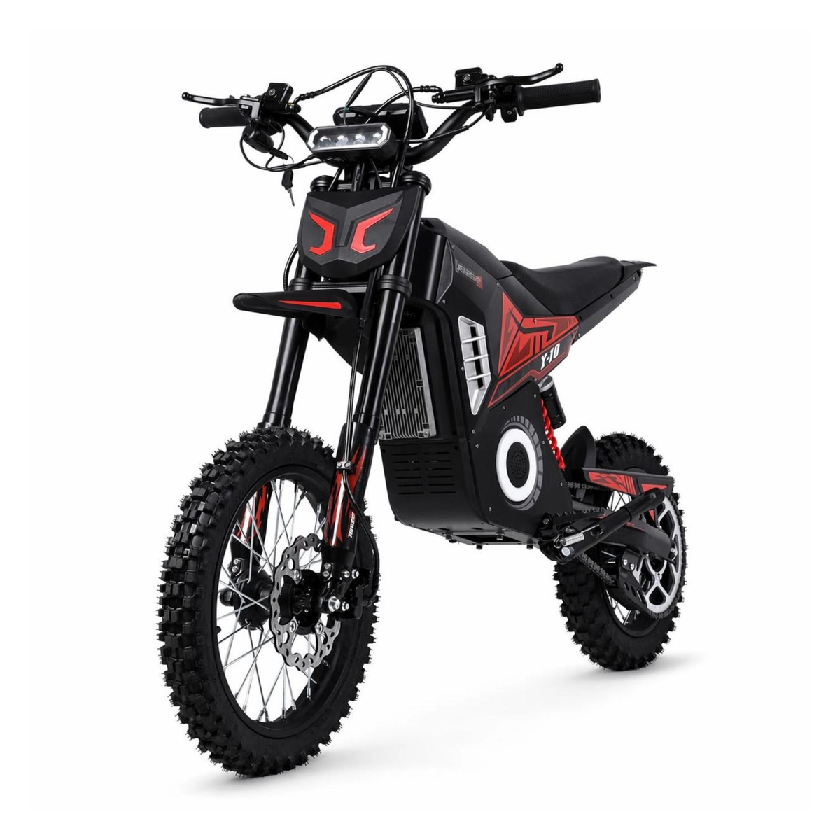 Wheely - Y10 elmotorcykel sedd snett framifrån med framlykta, röda detaljer och terrängdäck