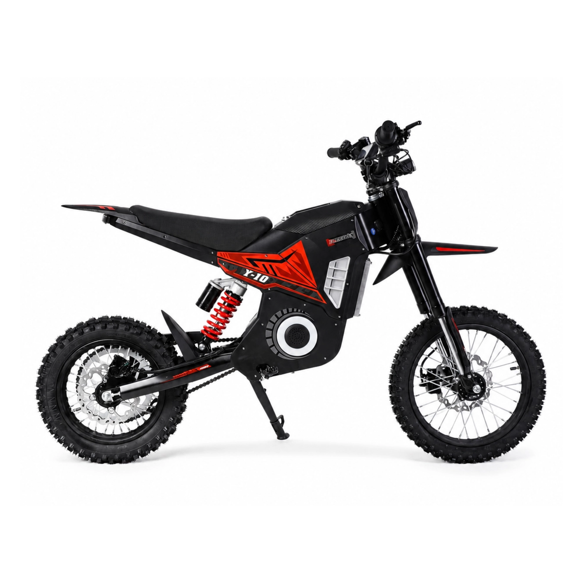 Wheely - Y10 sedd från sidan, svart och röd crossmotorcykel med terrängdäck och röd bakdämpare