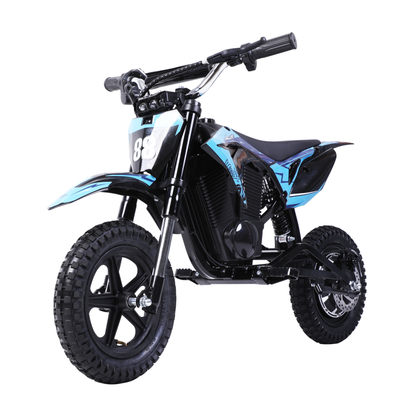 Wheely - Y3 elmotorcykel i blått och svart, sedd snett framifrån med startnummer 88 och grovmönstrade däck