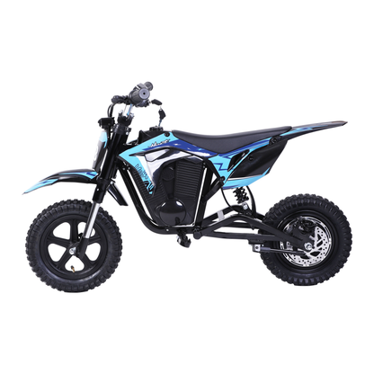 Wheely - Y3 elmotorcykel sedd från sidan med blå och svarta kåpor, sadel, bakre stötdämpare och bromsskiva bak
