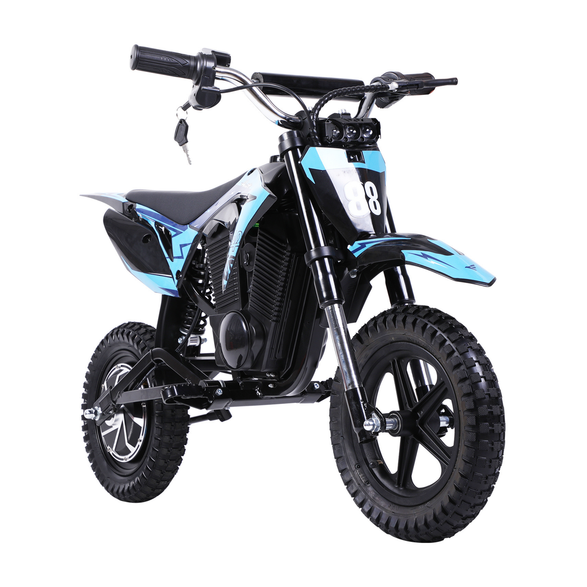 Wheely - Y3 elmotorcykel i svart och blått, sedd framifrån i vinkel, med startnummer 88