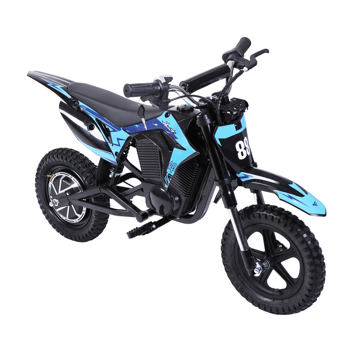 Wheely - Y3 elmotorcykel i svart och blått, sedd snett framifrån från vänster, med sadel, styre och terrängdäck