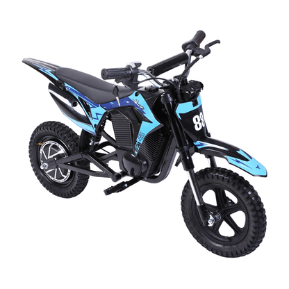 Wheely - Y3 elmotorcykel i svart och blått, sedd snett framifrån från vänster, med sadel, styre och terrängdäck