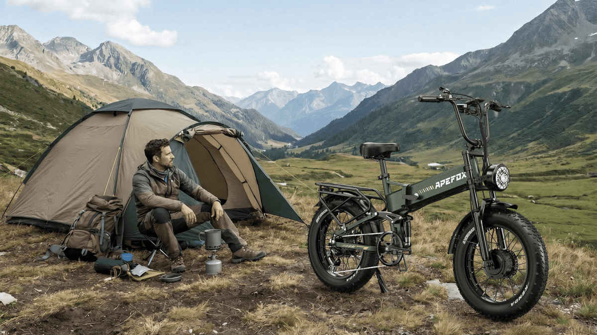 APEFOX RH20 hopfällbar fatbike-elcykel snett framifrån på en gräsplan