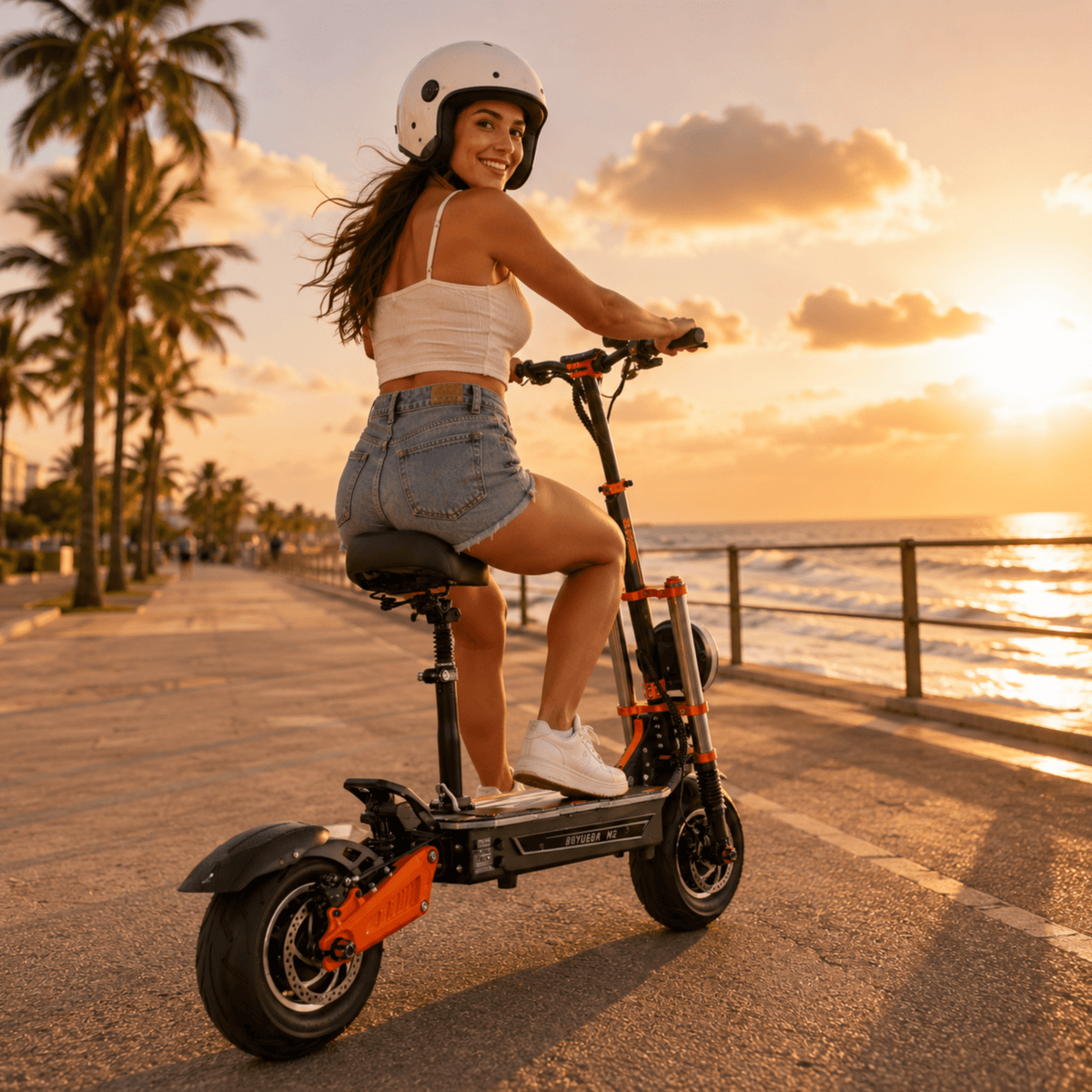 Kvinna som kör BOYUEDA M2 elsparkcykel vid havet