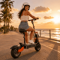 Kvinna som kör BOYUEDA M2 elsparkcykel vid havet