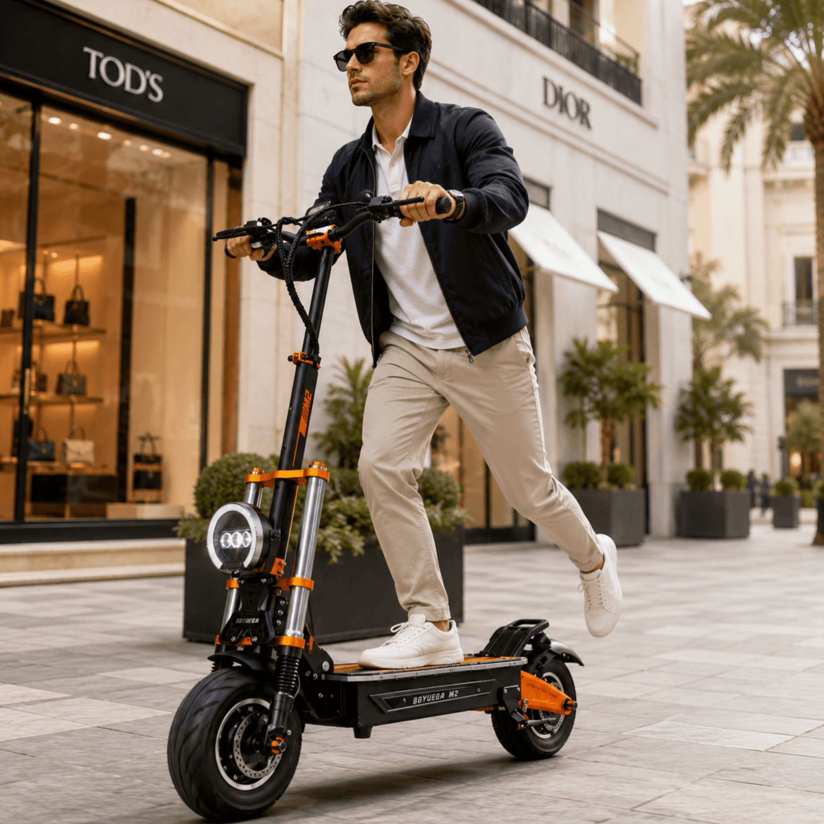 Man som kör BOYUEDA M2 elsparkcykel på en gata