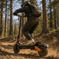 Förare kör BOYUEDA M2 elsparkcykel i terräng i skogen
