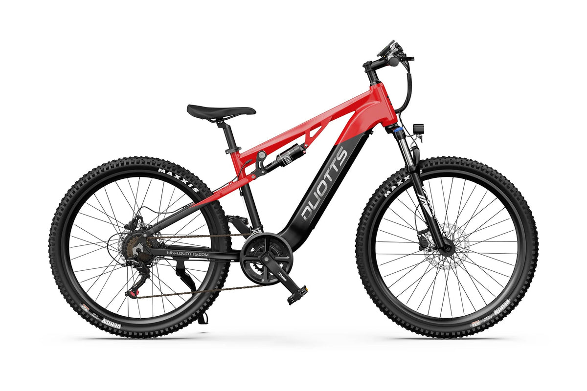 Duotts E29 elmountainbike sedd från sidan i färgen röd
