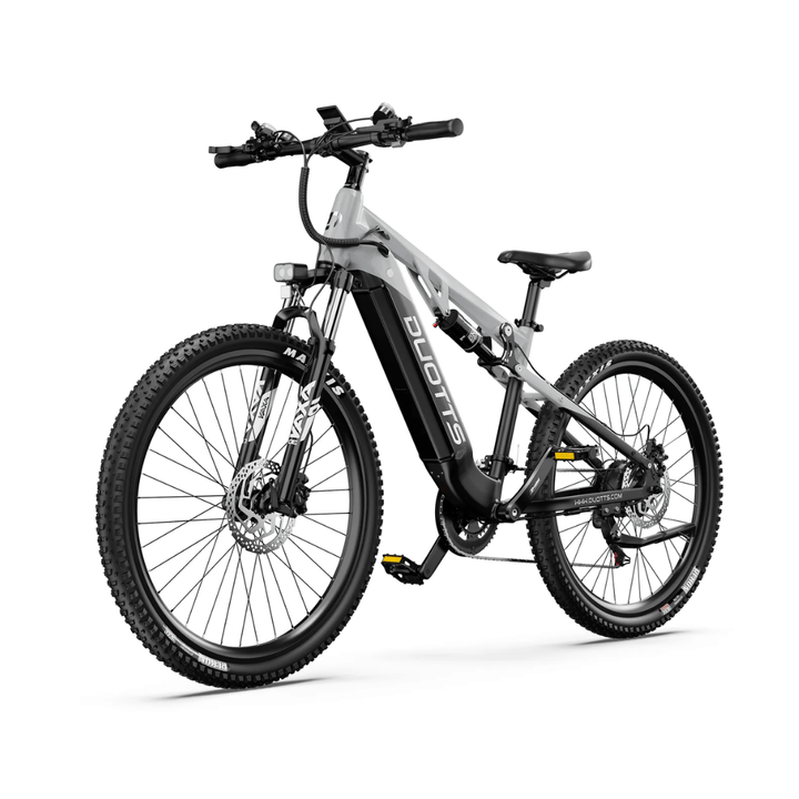 Duotts E29 elmountainbike snett framifrån i färgen grå