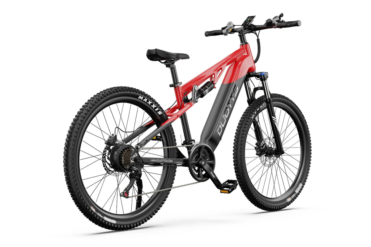 Duotts E29 elmountainbike snett framifrån i färgen röd