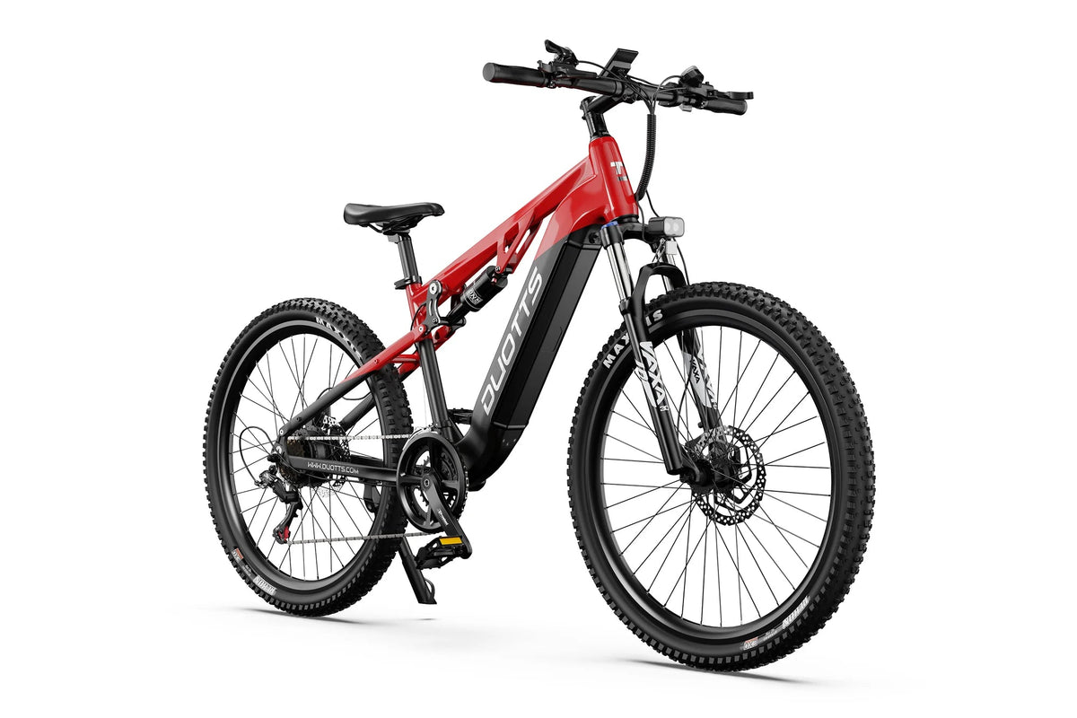 Duotts E29 elmountainbike snett framifrån i färgen röd