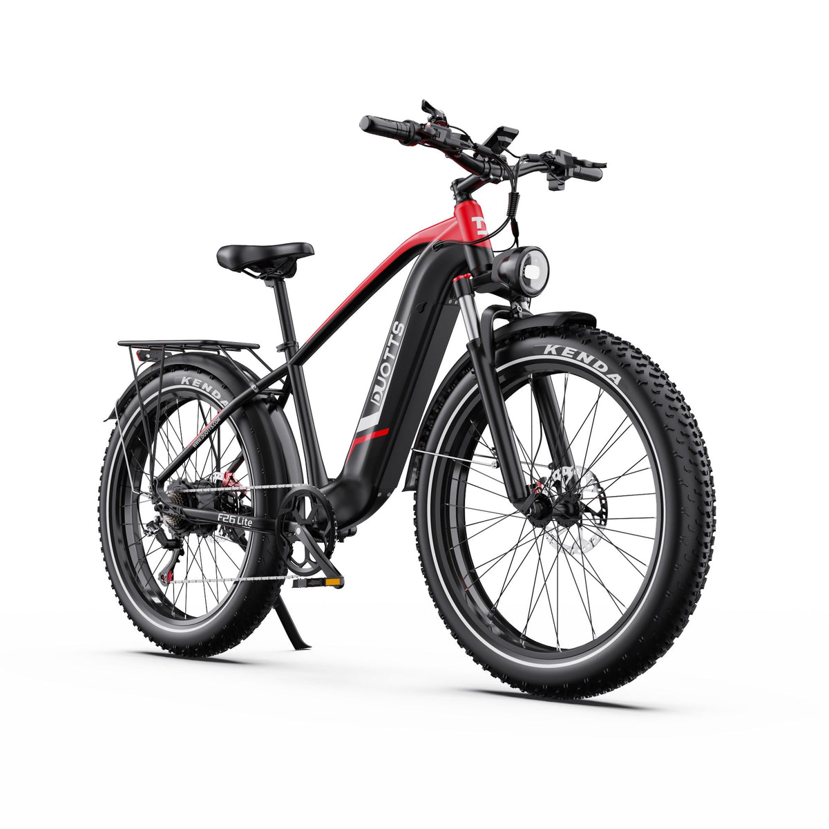 Duotts F26 Lite fatbike-elcykel snett framifrån i färgen röd