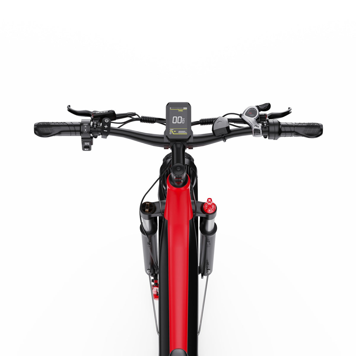 Duotts F26 Lite fatbike-elcykel rakt framifrån i färgen röd