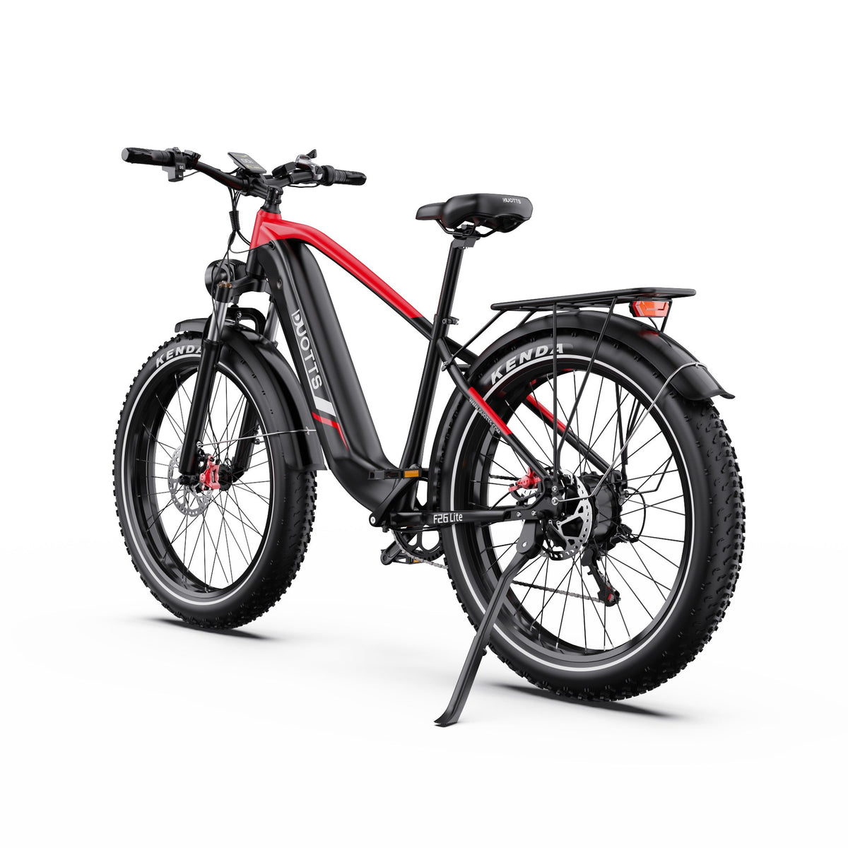 Duotts F26 Lite fatbike-elcykel snett framifrån i färgen röd