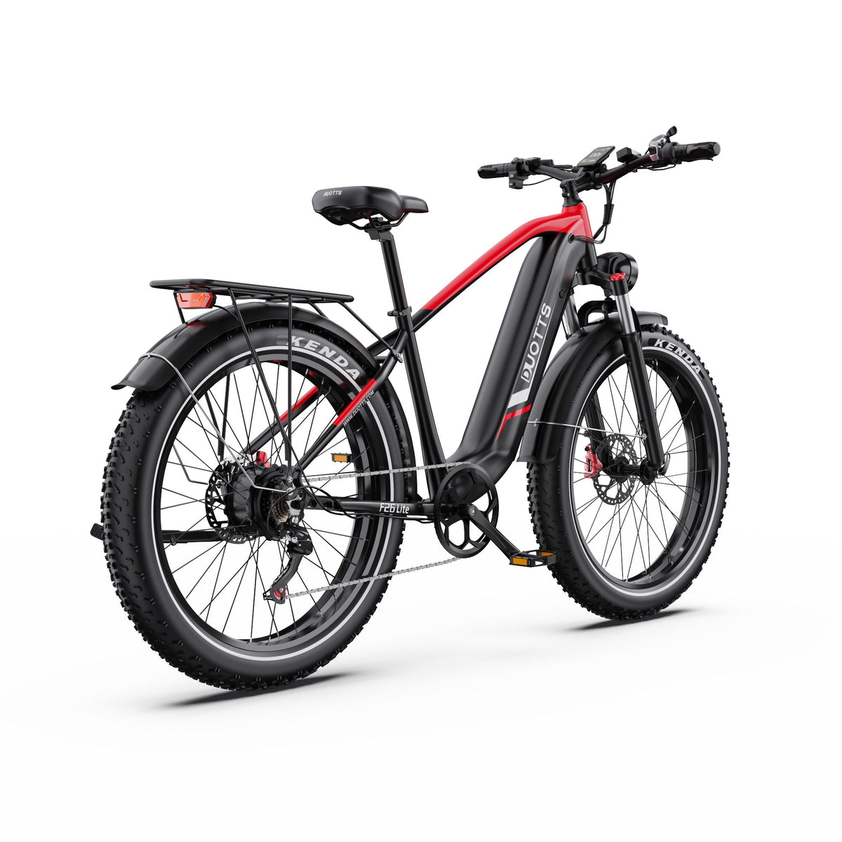 Duotts F26 Lite fatbike-elcykel snett bakifrån i färgen röd