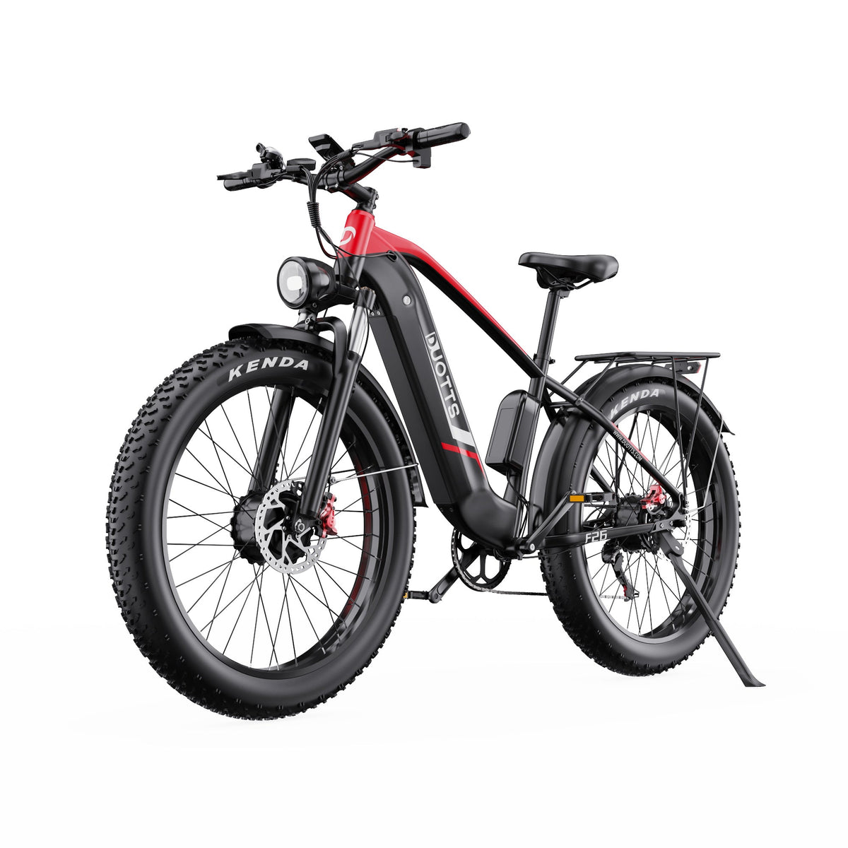 Duotts F26 fatbike-elcykel snett framifrån i färgen röd
