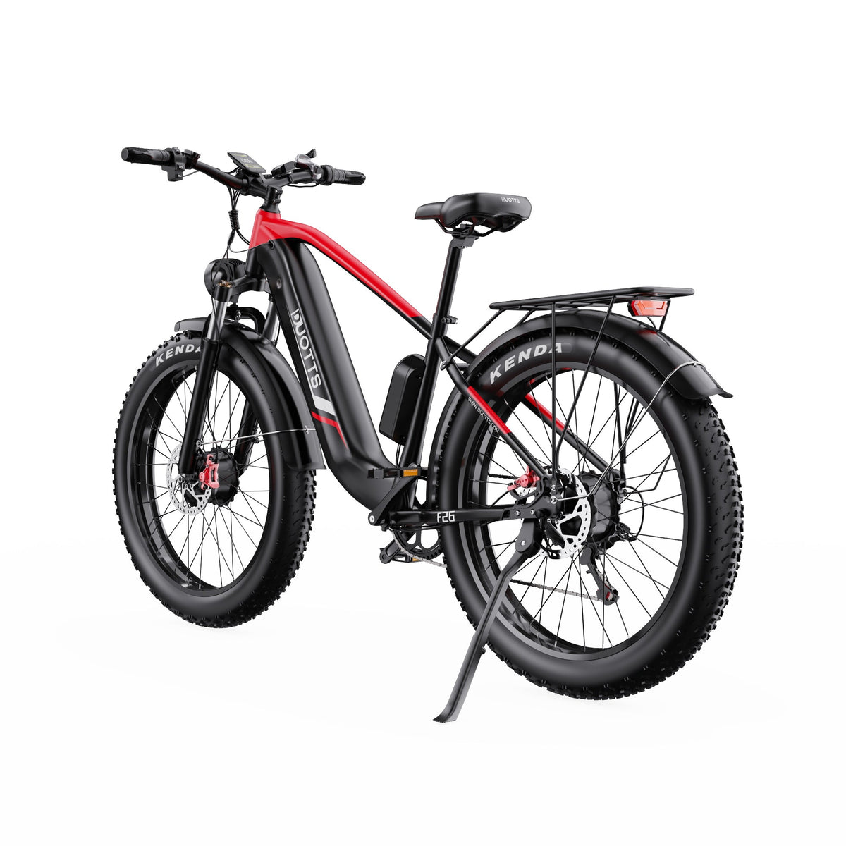 Duotts F26 fatbike-elcykel snett bakifrån i färgen röd