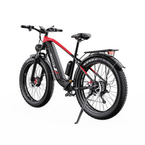 Duotts F26 fatbike-elcykel snett bakifrån i färgen röd