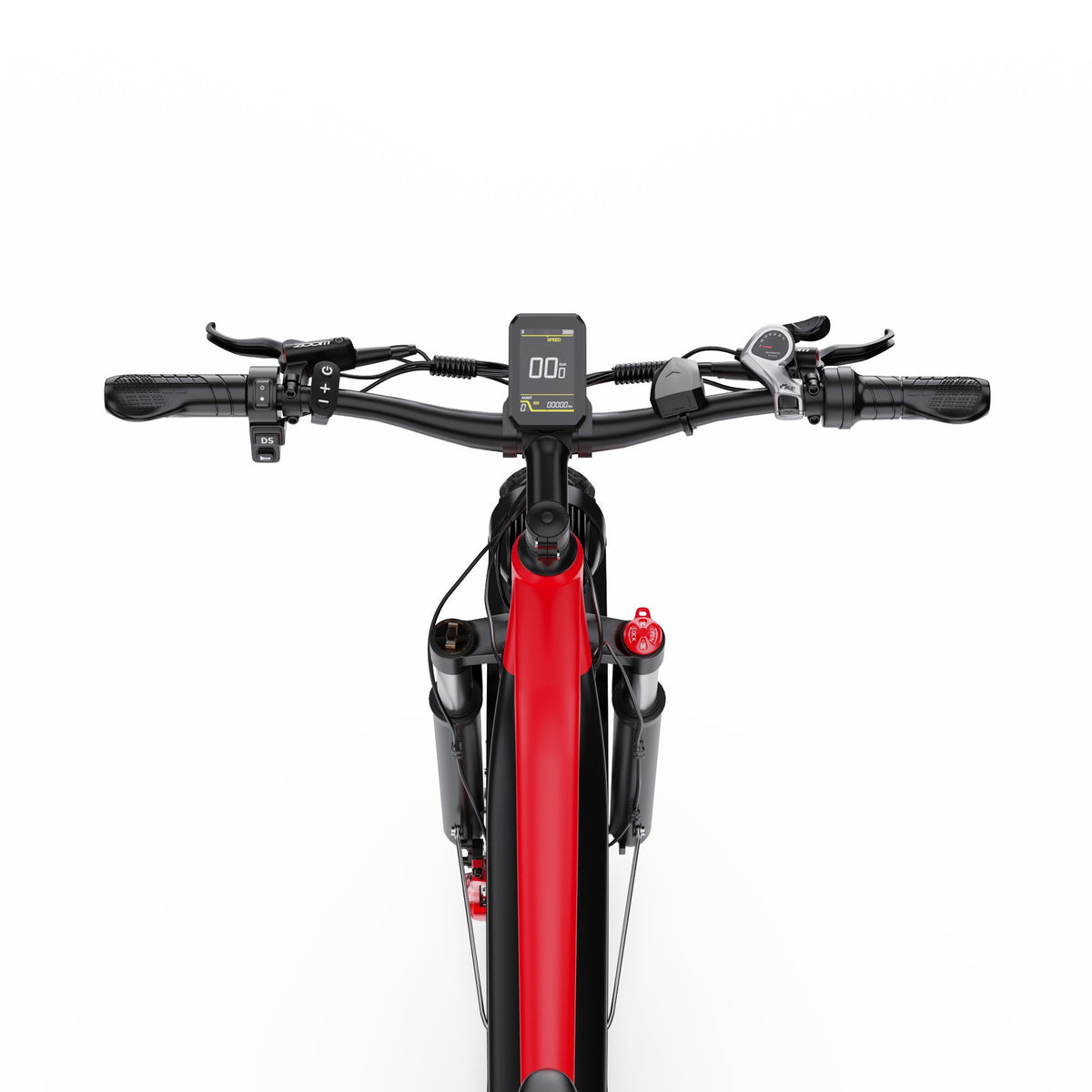 Duotts F26 fatbike-elcykel rakt framifrån i färgen röd