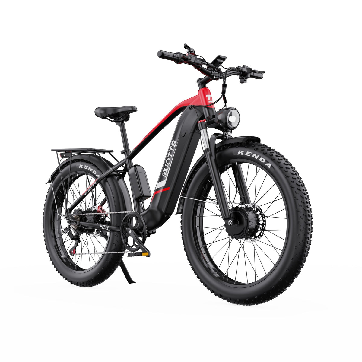 Duotts F26 fatbike-elcykel snett framifrån i färgen röd