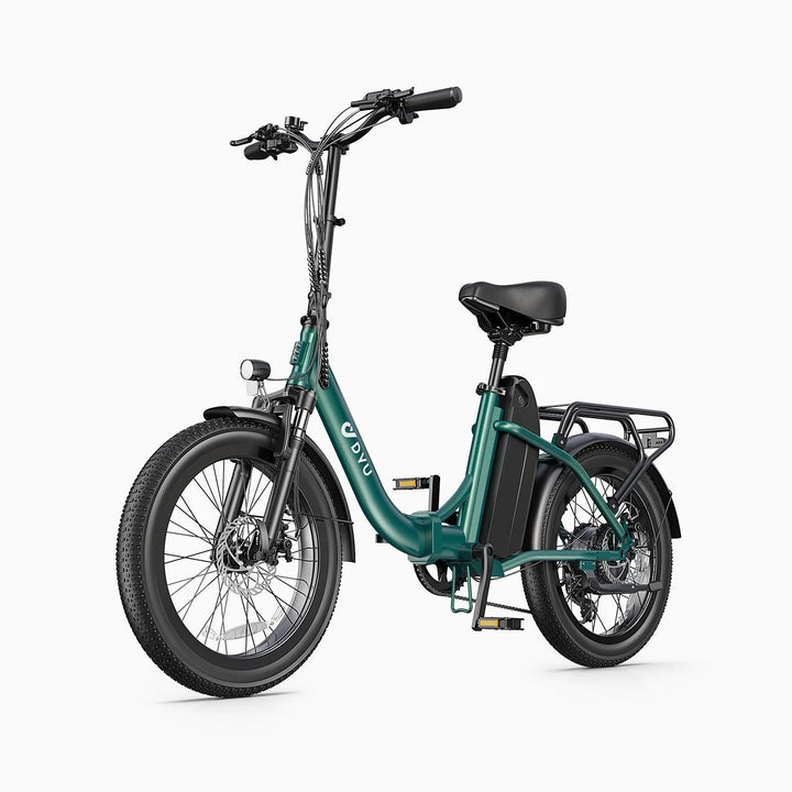 DYU C9 hopfällbar elcykel snett framifrån i färgen grön