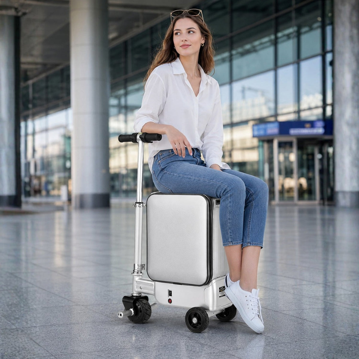 Person åker på AeroDrive Edition elektrisk åkbar resväska utomhus