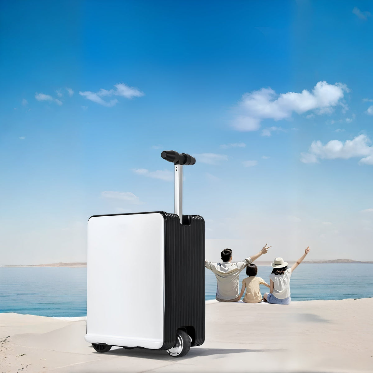 Air Pro Edition elektrisk åkbar resväska i vitt på stranden