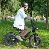 Man som kör Hidoes B6 Mini fatbike-elcykel i en park