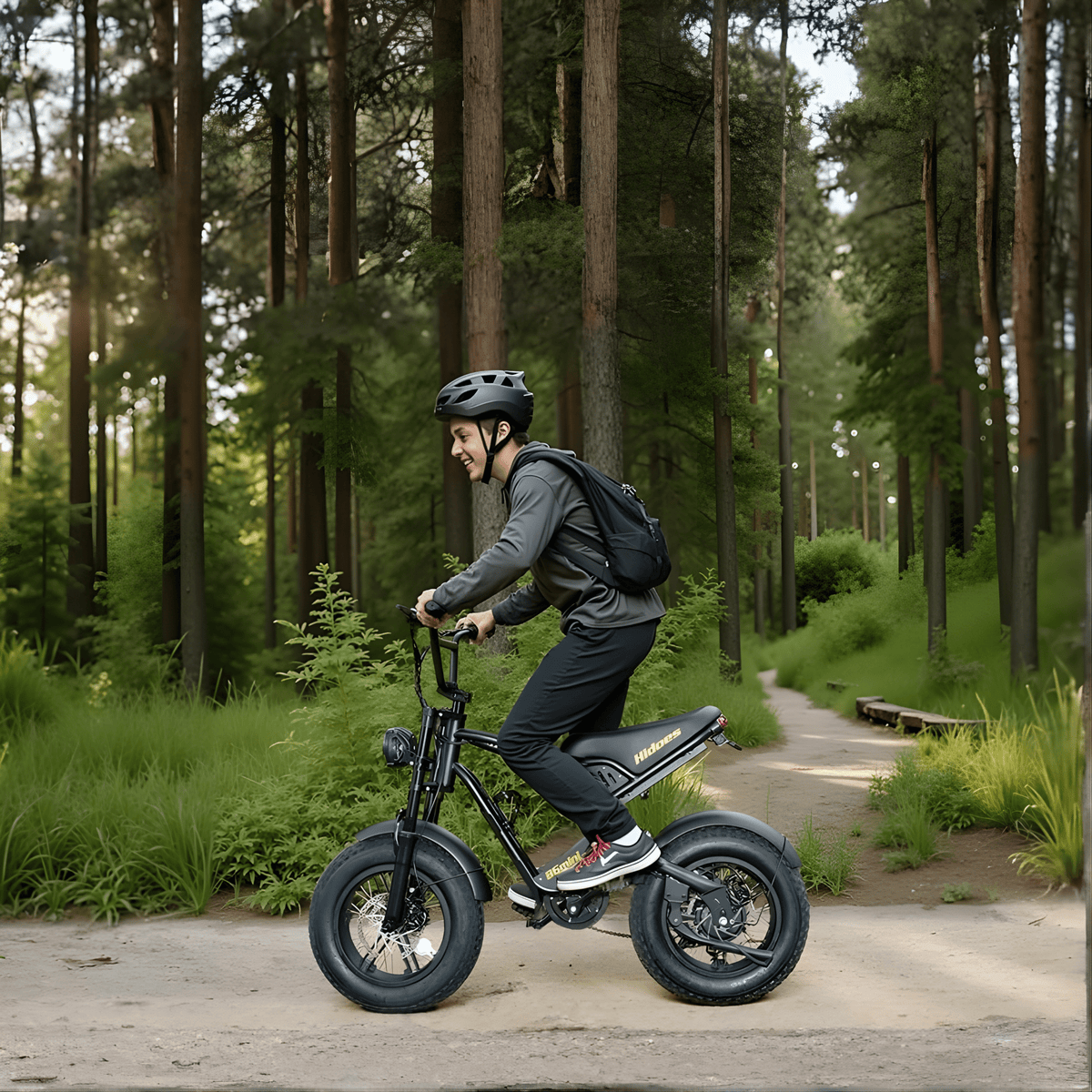 Man som kör Hidoes B6 Mini fatbike-elcykel i skogen