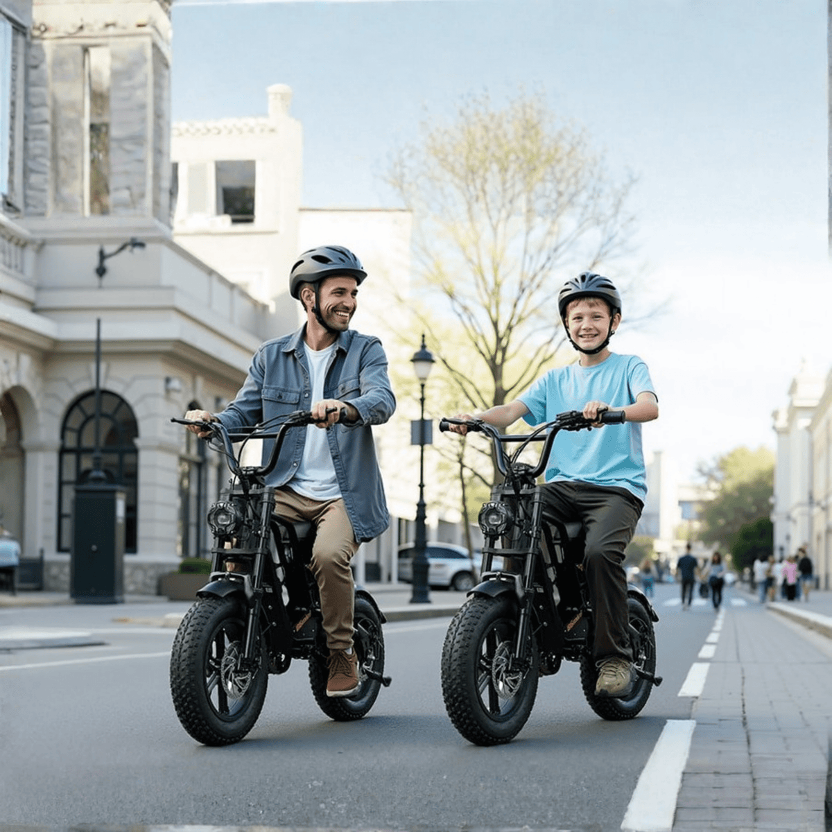 Två förare med Hidoes B6 Mini fatbike-elcykel i stadsmiljö