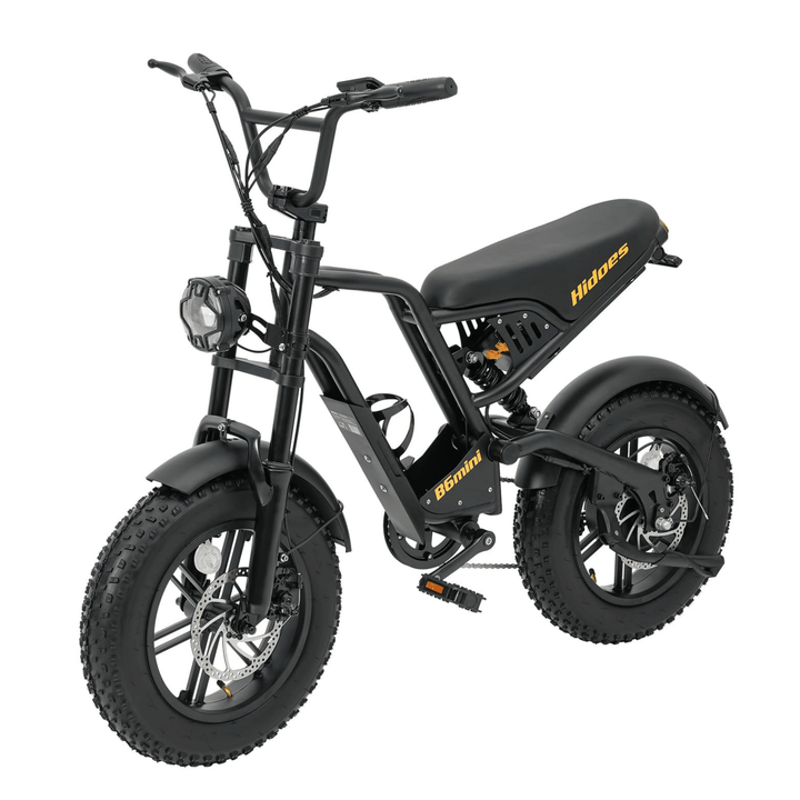 Hidoes B6 Mini fatbike-elcykel snett framifrån i färgen svart