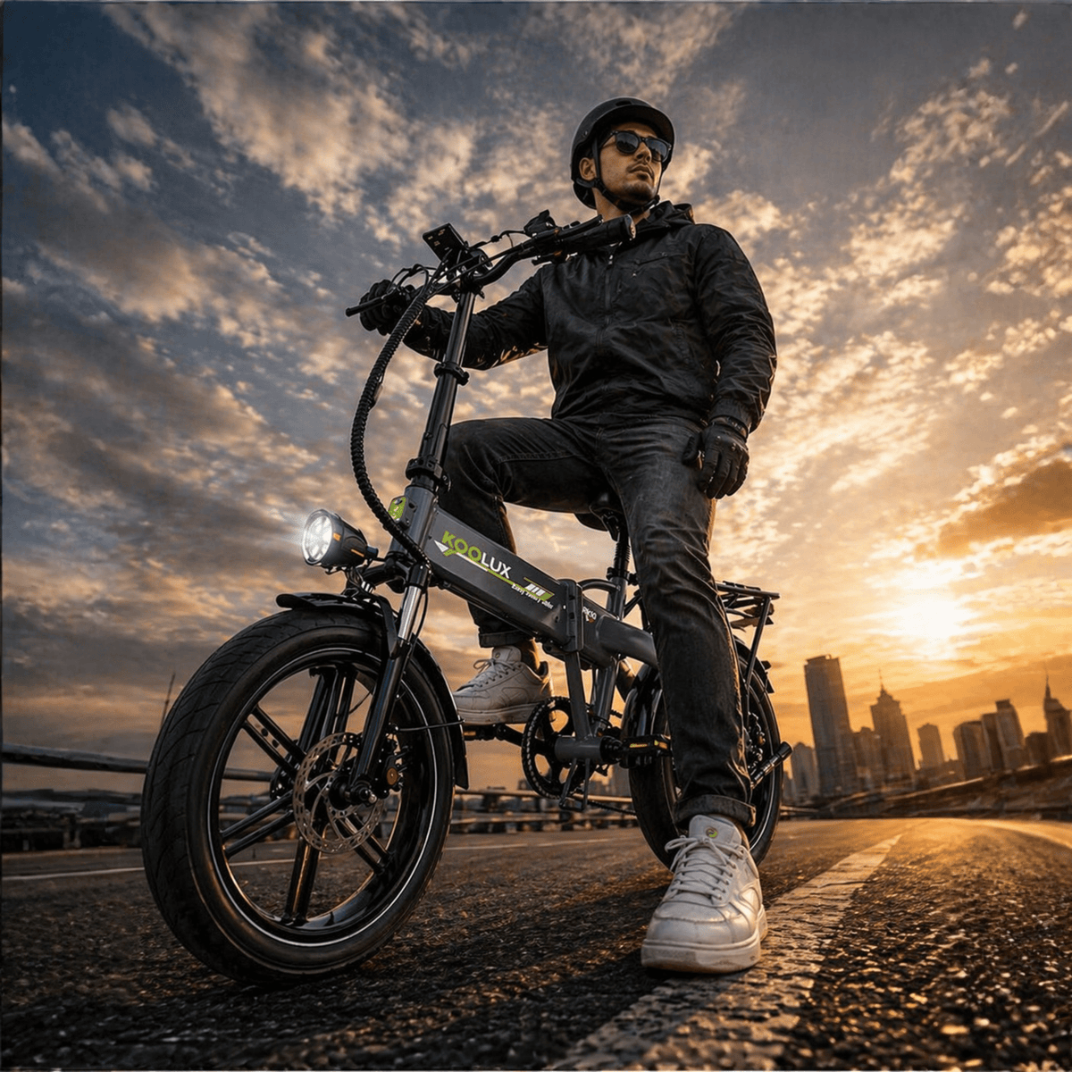 Man som kör KOOLUX RK10 hopfällbar fatbike-elcykel i stadsmiljö